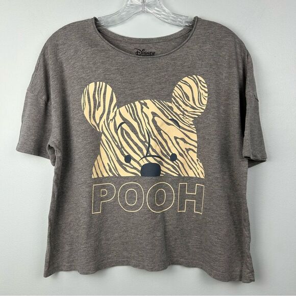 Disney Winnie the Pooh Cropped Rolled Neck Tee Shirt Gray W Cream Zebra Sz S - Picture 1 of 12